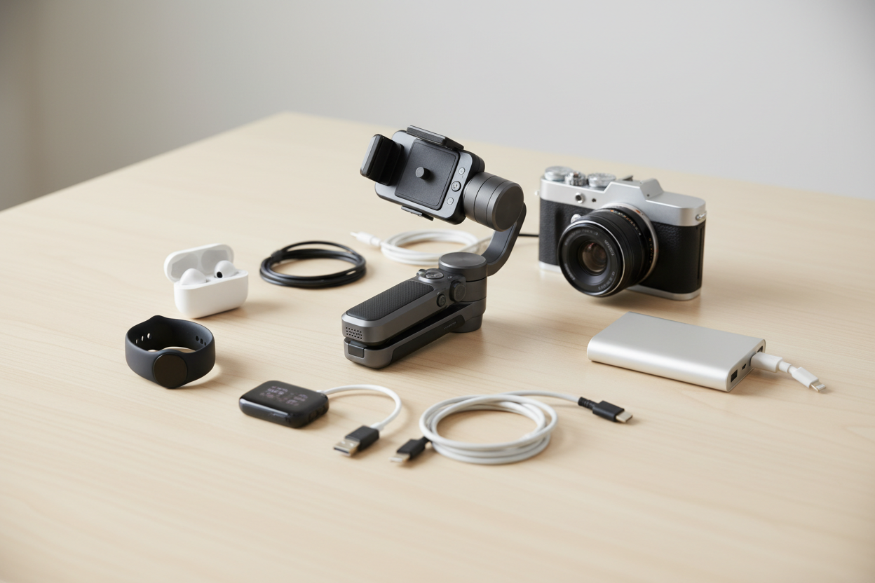 stabilisateur video mobile poser sur une table avec divers appareils electronique format carre